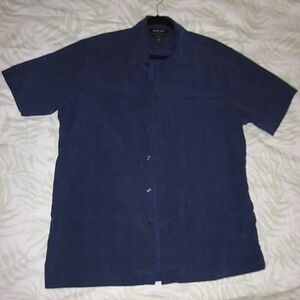 MENS SILK SHIRT NAVY BLUE MURANO SHORT SLEEVE DIAMOND PATTERN DRESSY WASHABLE L